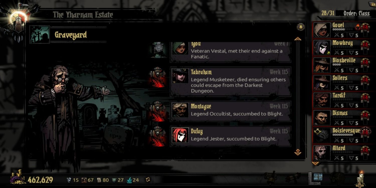 The Graveyard screen in Darkest Dungeon showing dead heroes