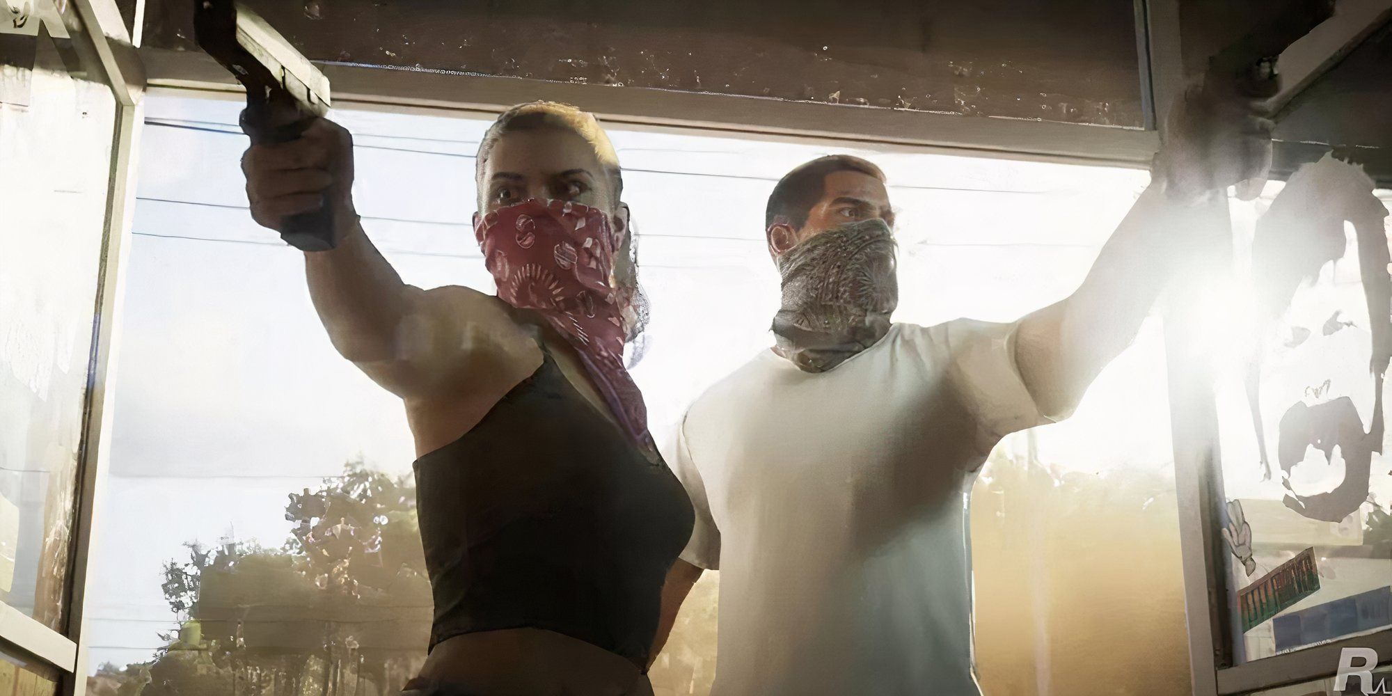 Still from the Grand Theft Auto 6 trailer of Jason and Lucia wearing bandanas and holding up guns to rob a store.