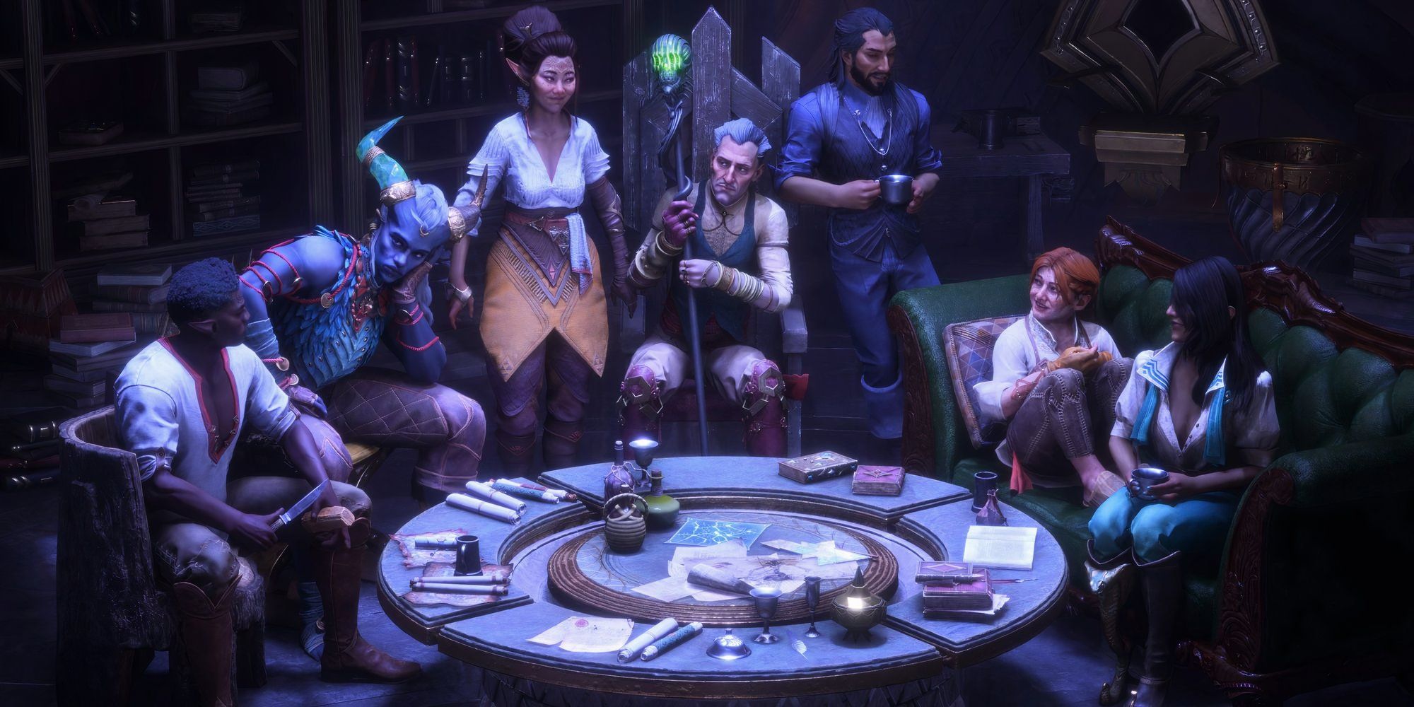 Promotional image for Dragon Age: The Veilguard of the main characters sitting around a table.