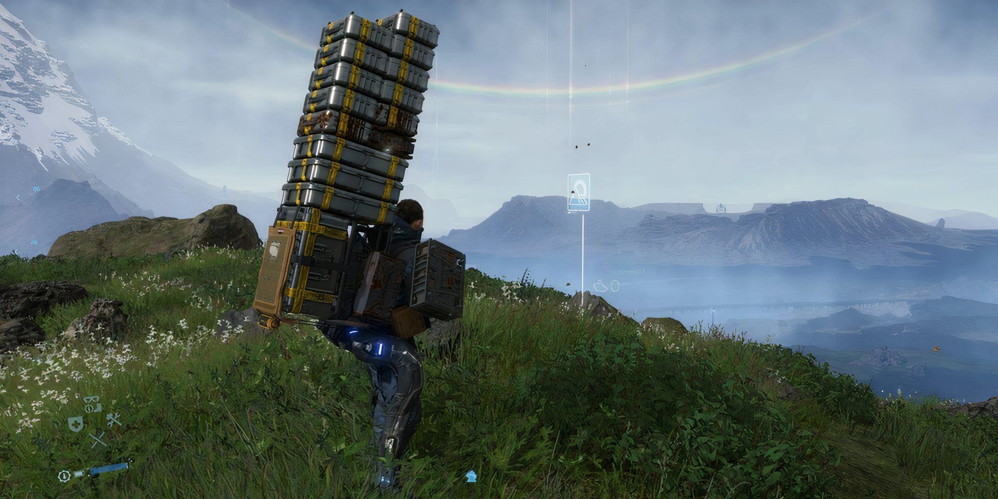 Sam Bridges Carrying Boxes In Death Stranding