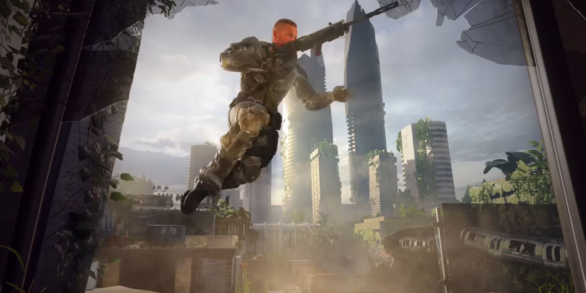 Call of Duty Black Ops 3 character jumping building to building