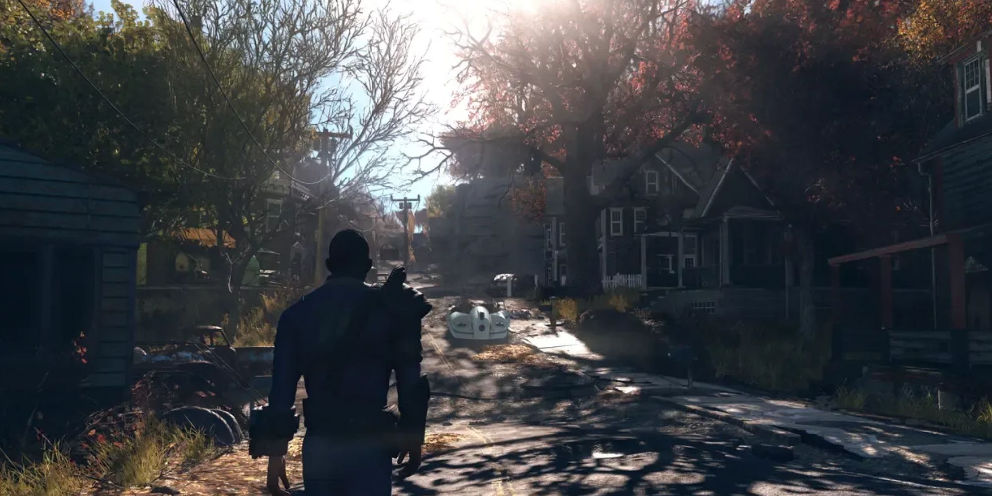 A vault dweller wandering around a city in Fallout 76's trailer