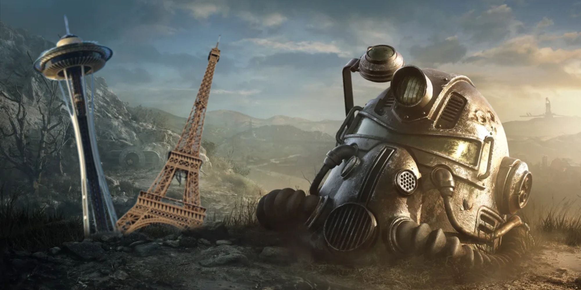 Power Armor helmet in dirt next to Eiffel Tower and Space Needle