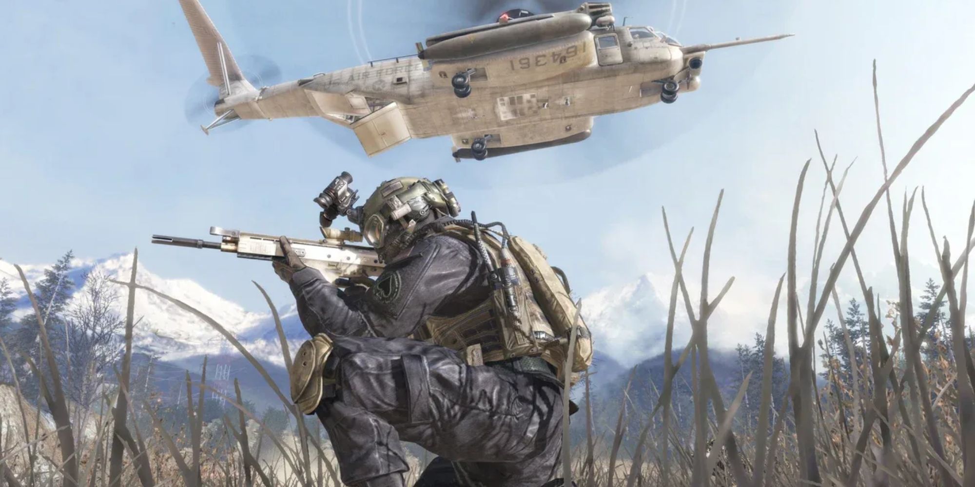 A soldier next to a helicopter from Modern Warfare 2 (2009).