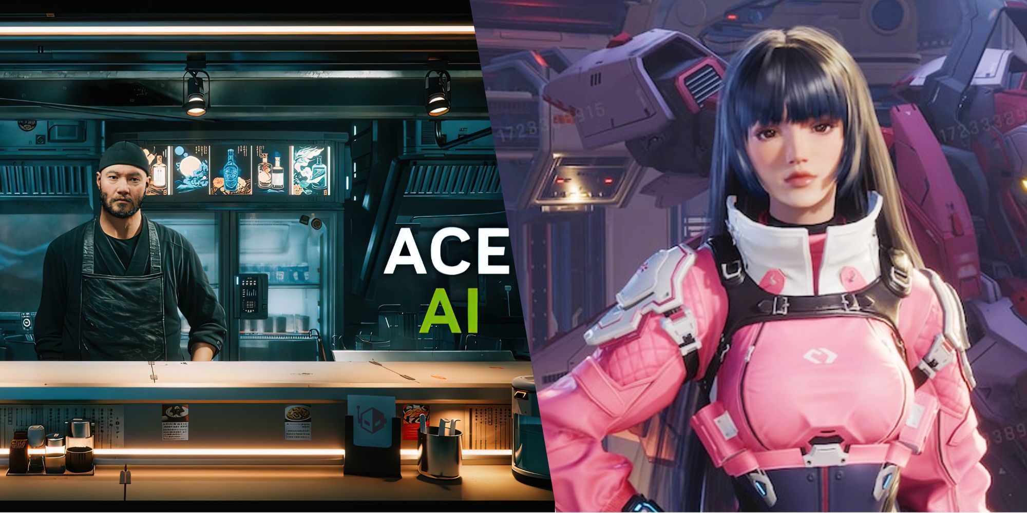 Split image between Mecha BREAK and NVIDIA's ACE AI Ramen Shop Demo