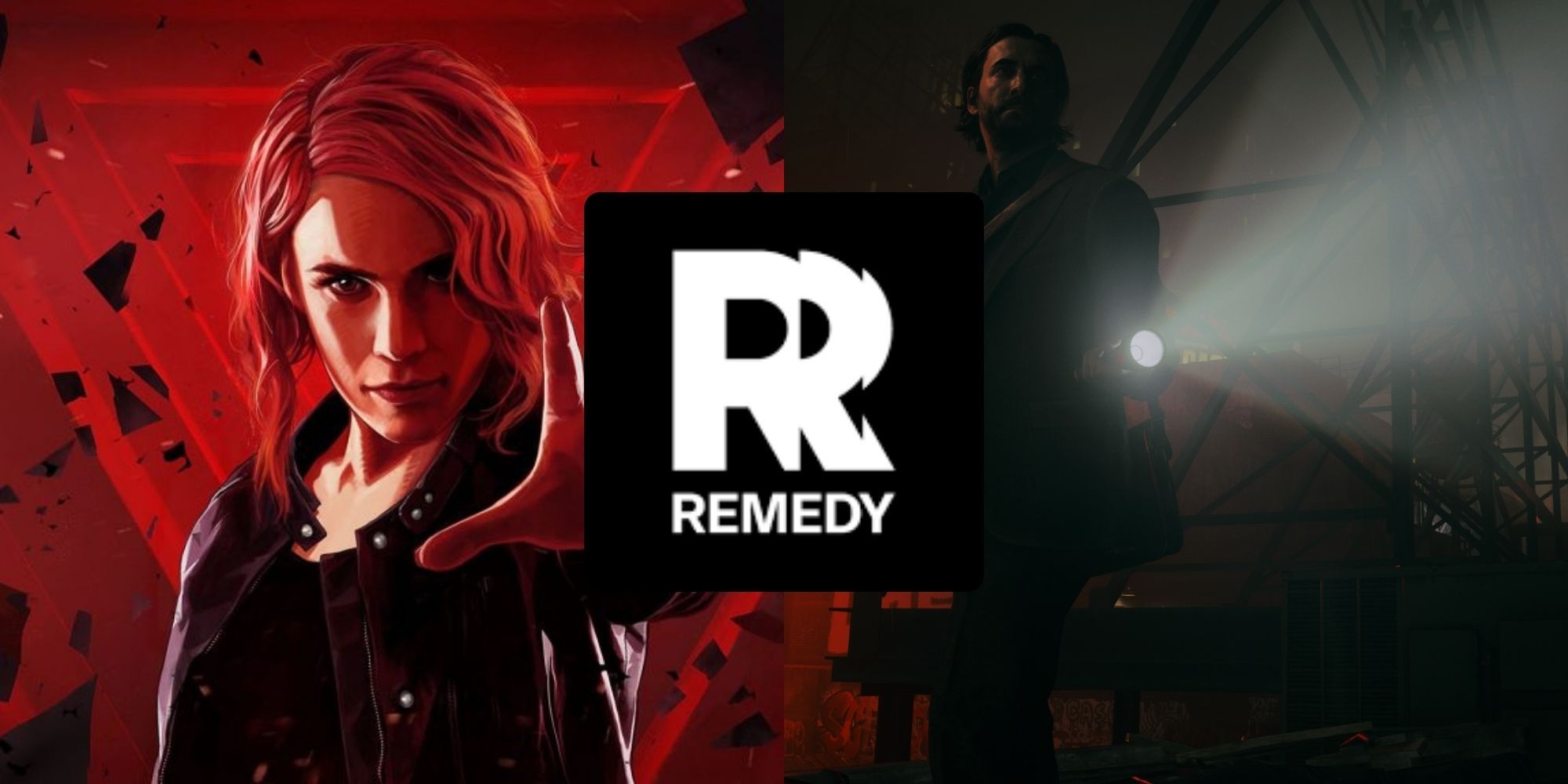 A split image from Control and Alan Wake 2 with Remedy Entertainment logo