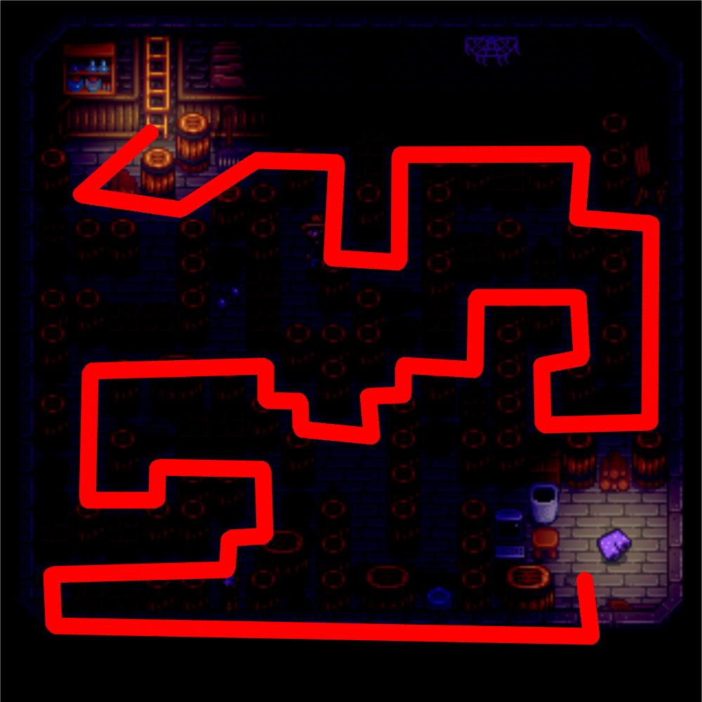 Map of the maze under the Mayor's Manor to find the Lucky Purple Shorts in Stardew Valley.