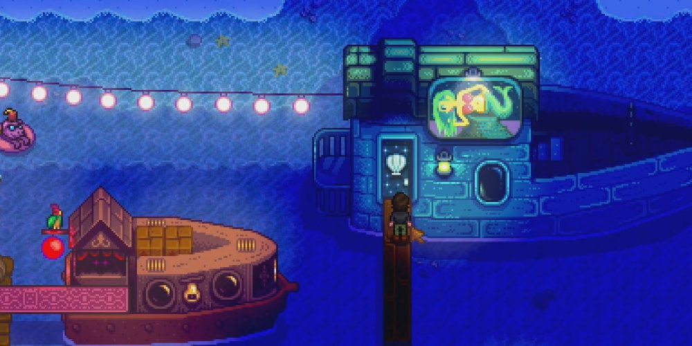 The player enters the Mermaid Boat during Stardew Valley's Night Market.