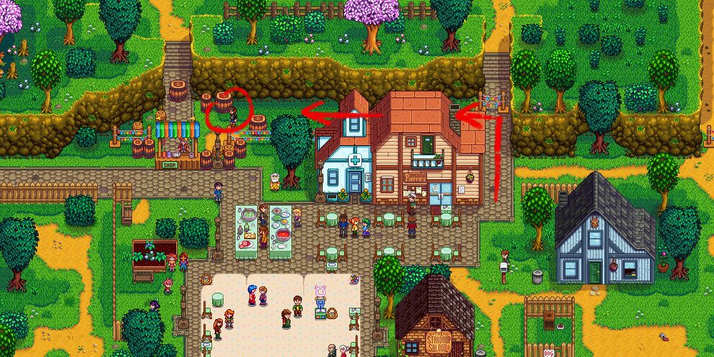 Route to talk with Pierre during the Egg Festival in Stardew Valley