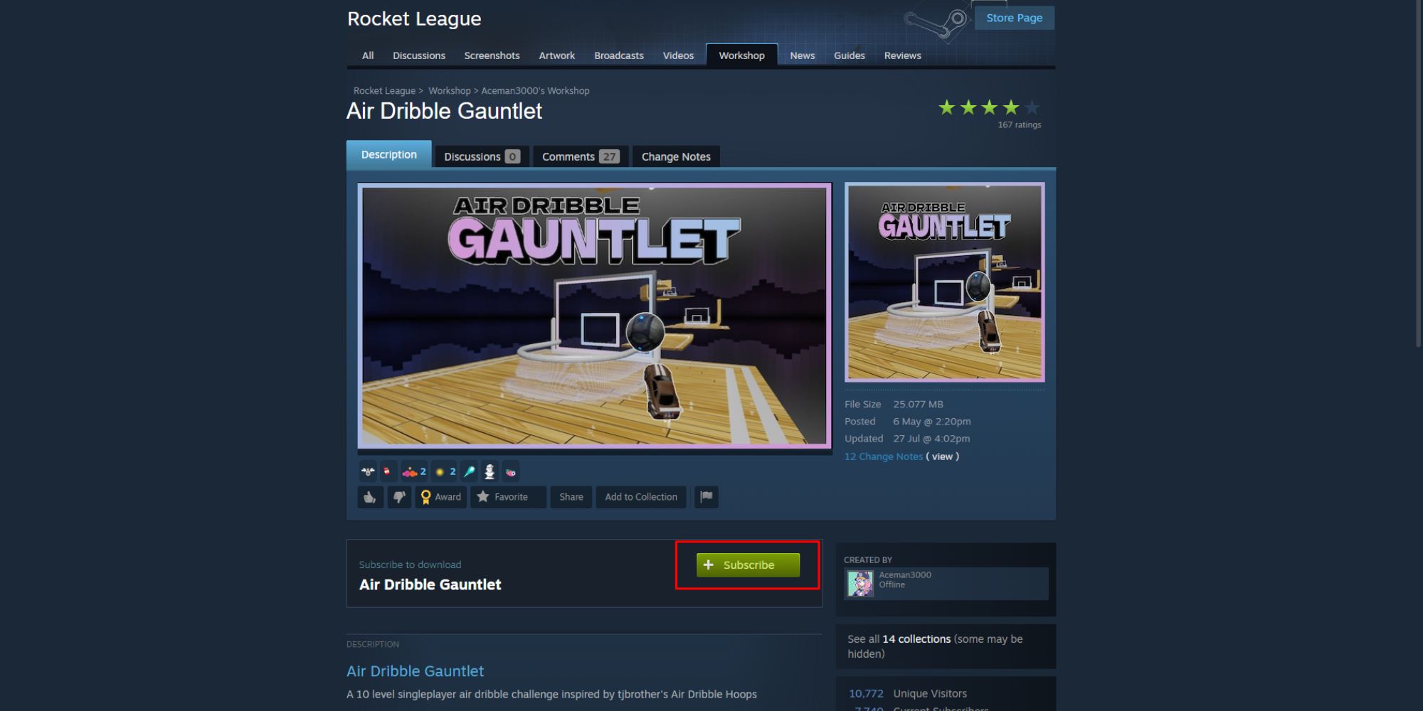 A screenshot of the Rocket League Steam Workshop Map page indicating the Subscribe button