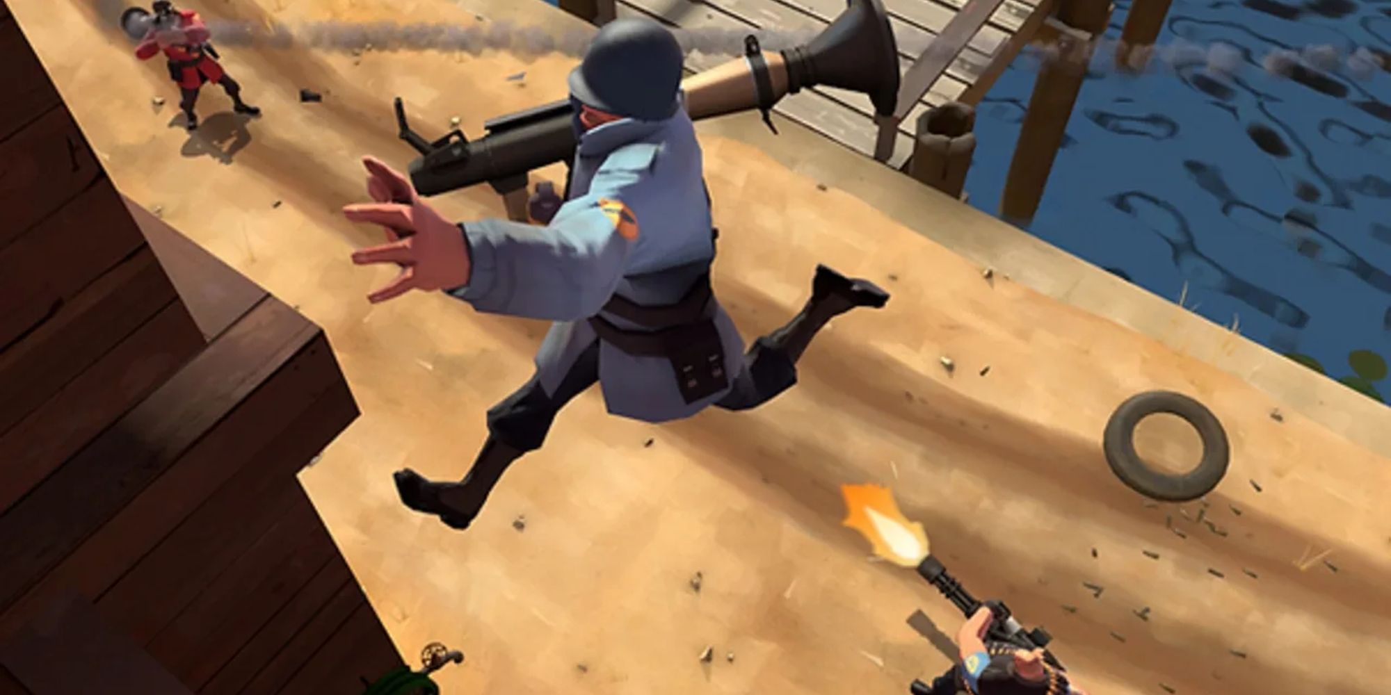 Soldier from Team Fortress 2 rocket-jumping over a battle