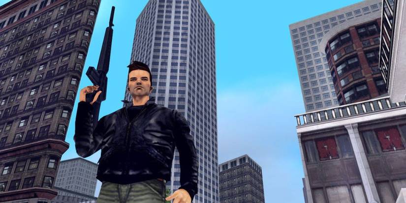 Claude sosteniendo el rifle en Grand Theft Auto 3