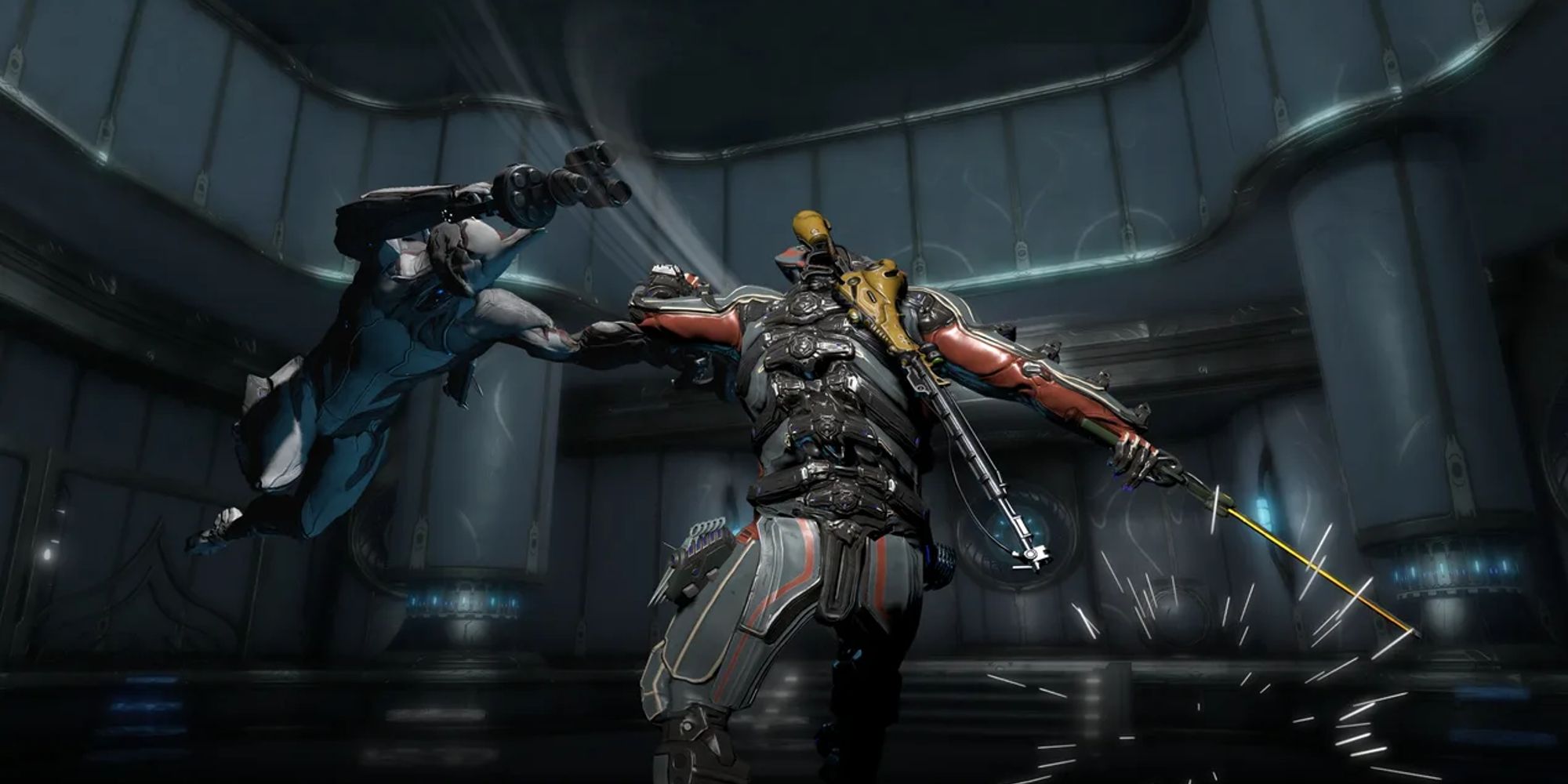 Two Warframe characters mid-fight