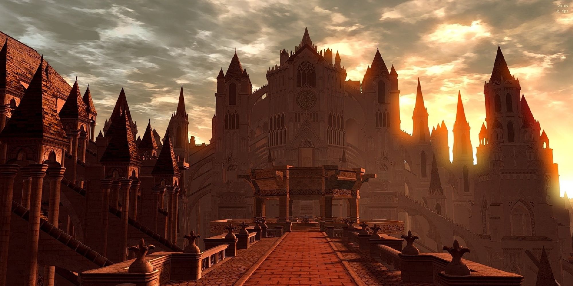 Anor Londo during golden hour in Dark Souls