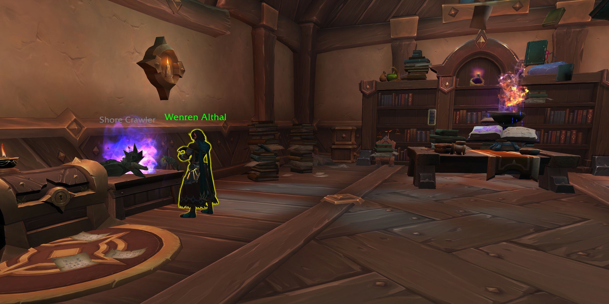 Arathi Mage Wenren Althal in his office investigating a crab