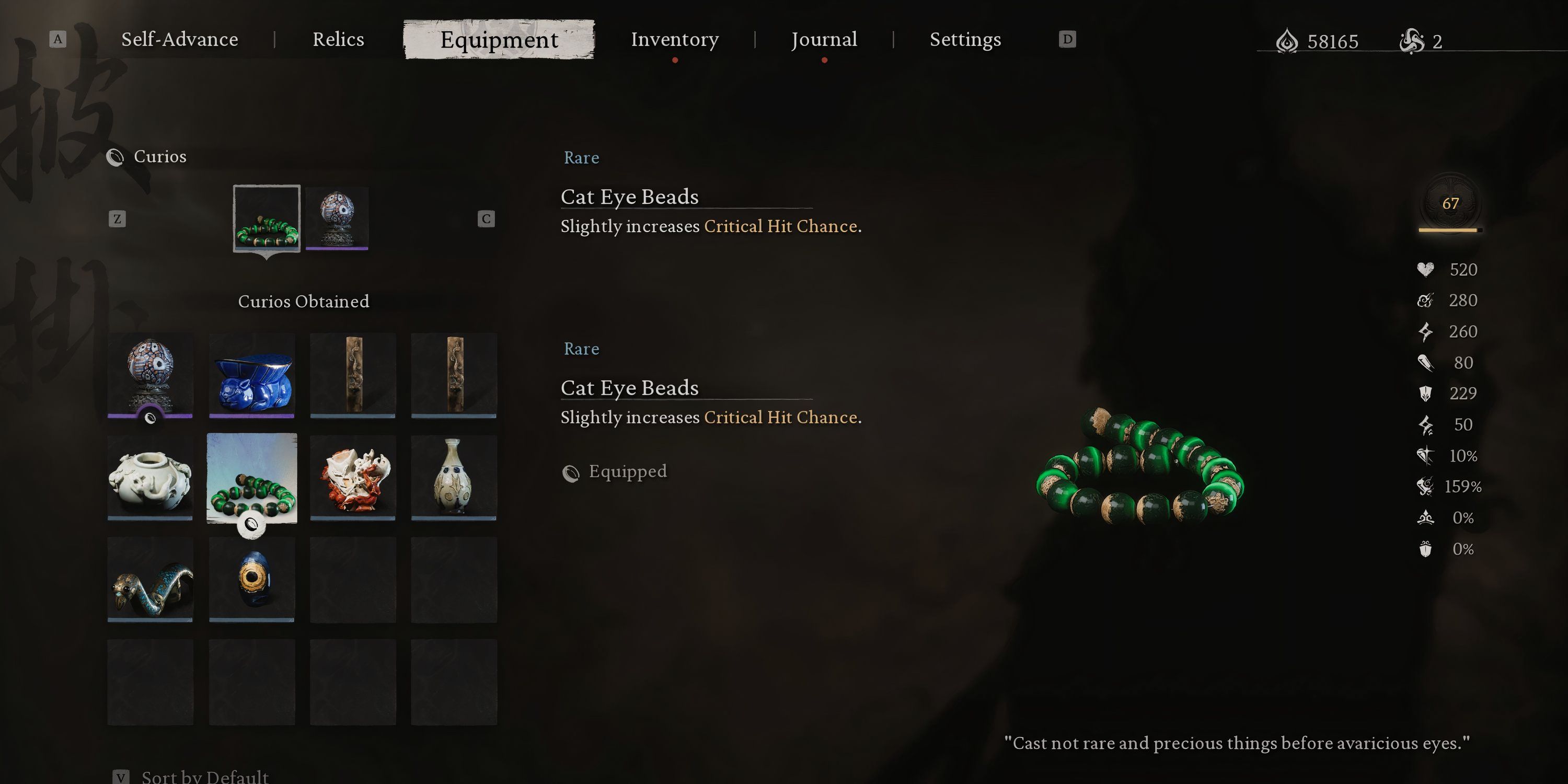 Black Myth Wukong Cat Eye Beads shown on Equipment menu screen.