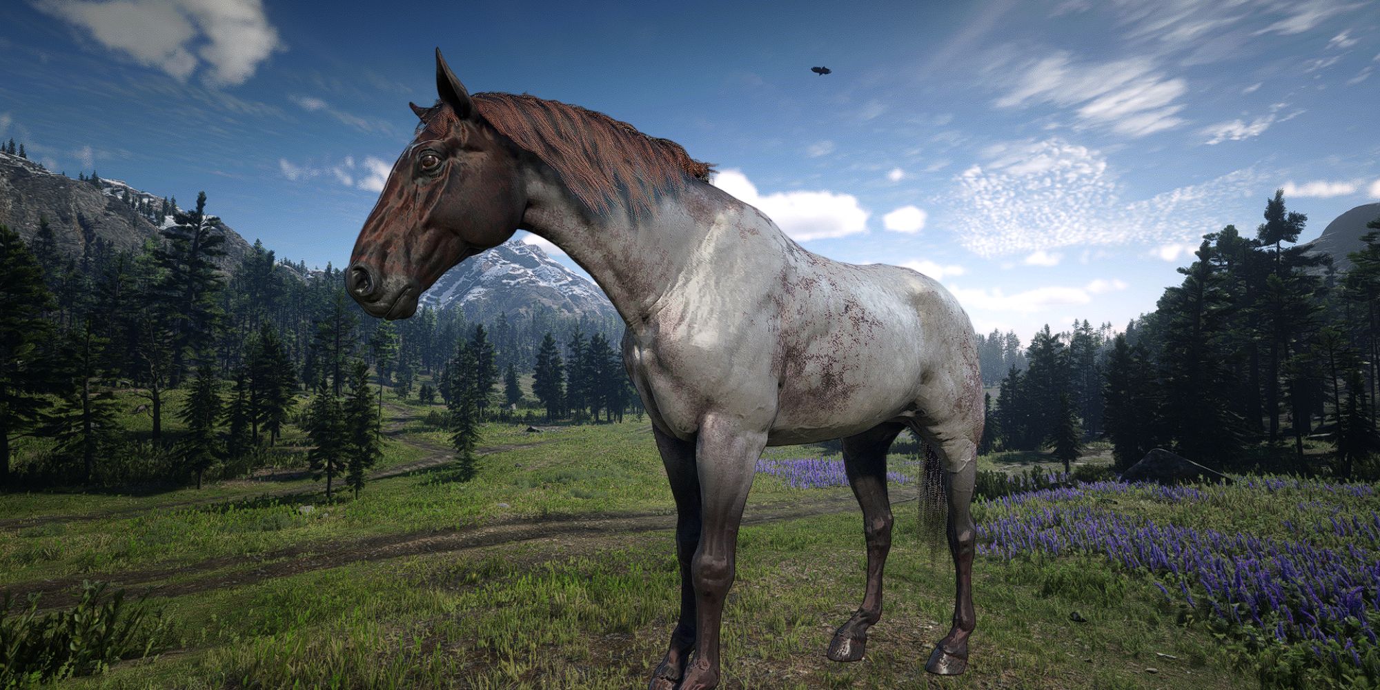 A Dutch Warmblood Horse (Chocolate Roan coat) from Red Dead Redemption 2