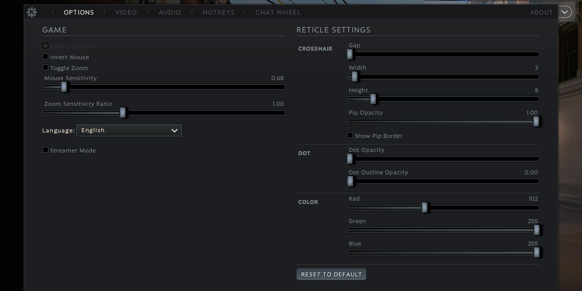 Screenshot of Options Tab in Settings Deadlock