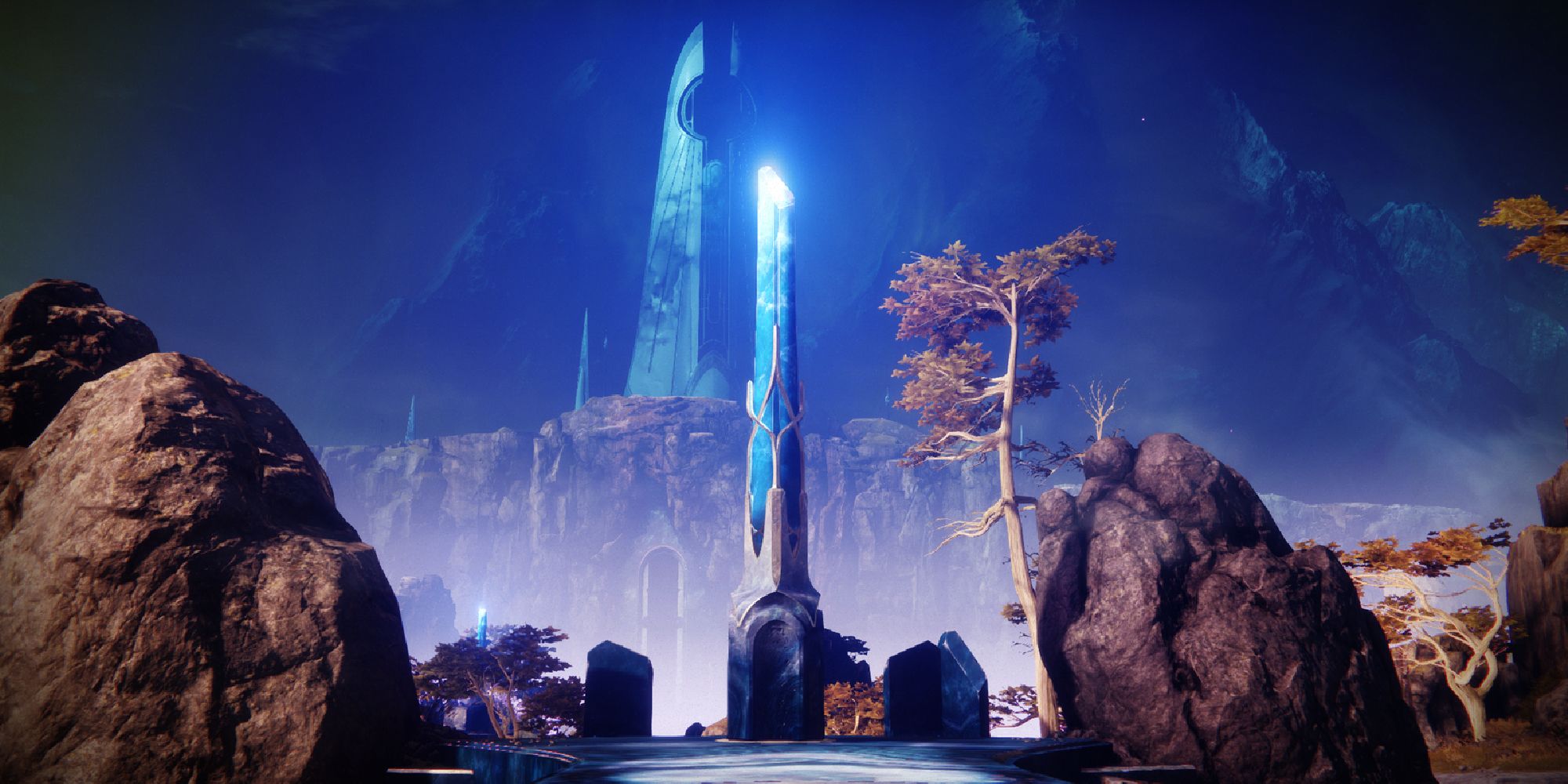 Destiny 2 The Dreaming City centre pillar surrounded by rocks and trees