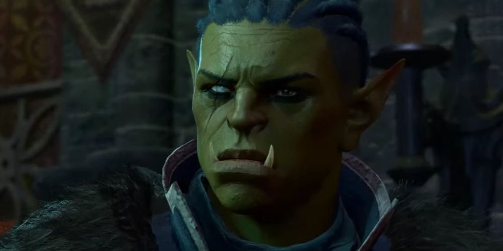 Baldur's Gate 3 Disciple Z'rell, a half orc, scowls at the player