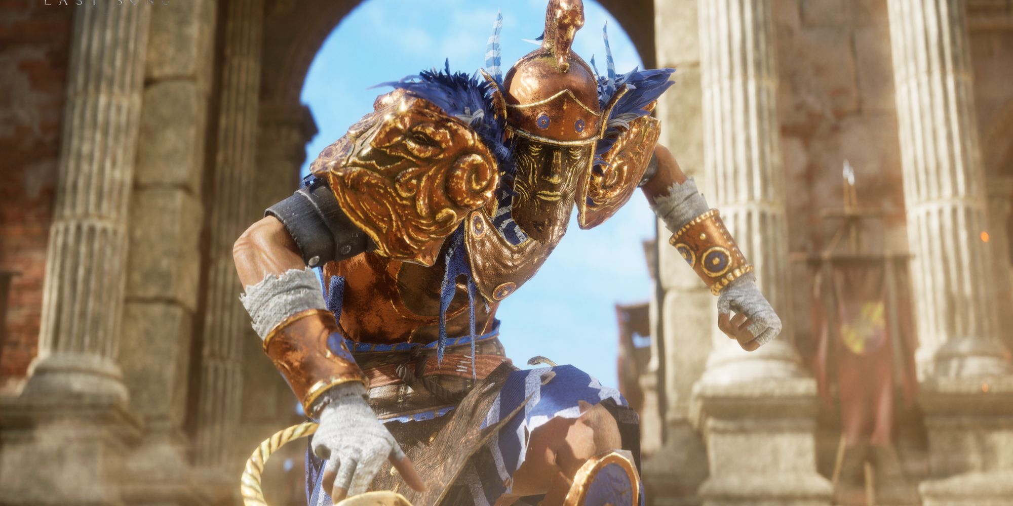 A blue feathered soldier in battle from Enotria: The Last Song.