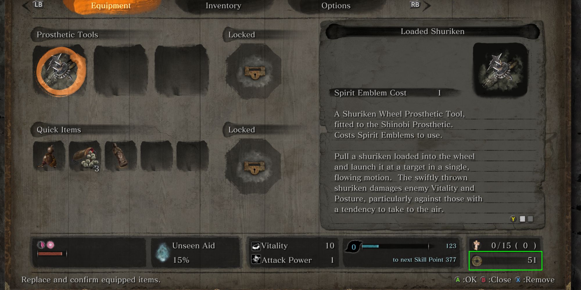 Equipment menu in Sekiro Shadow Die Twice with coins highlighted