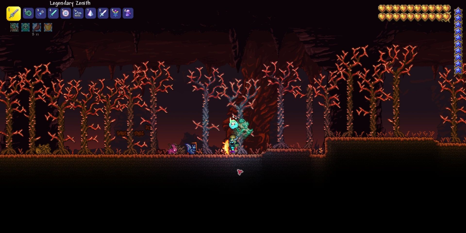 Terraria Underworld with mobs and trees