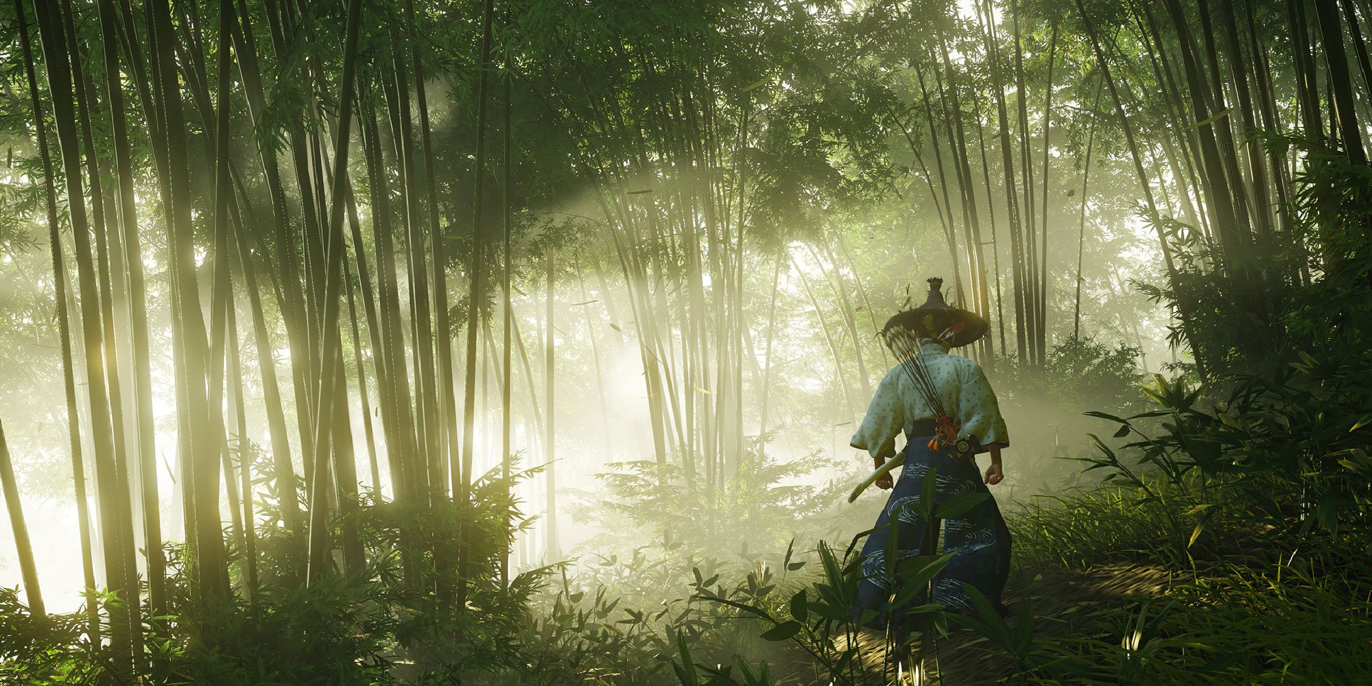 Ghost of Tsushima Jin Sakai standing in a Bamboo Forest in the morning