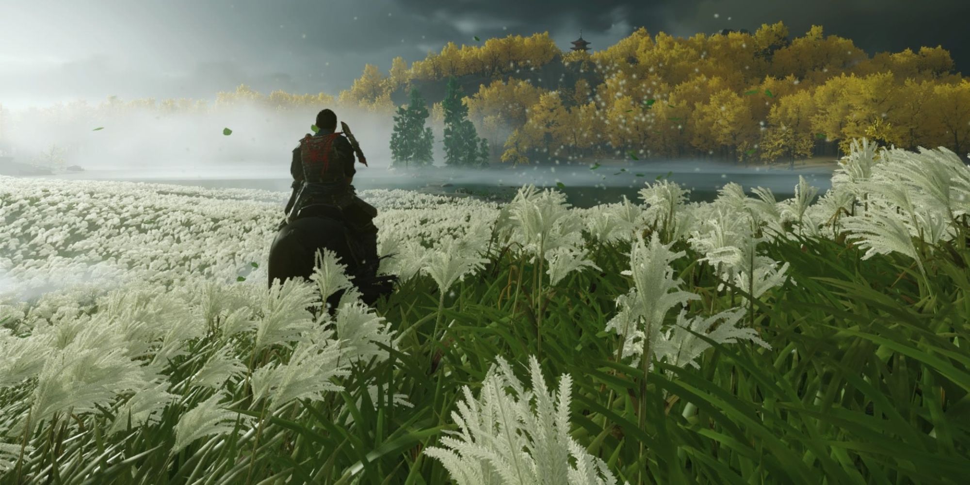 Ghost of Tsushima Jin Sakai riding through the First General's Field, a field of pampas grass. 