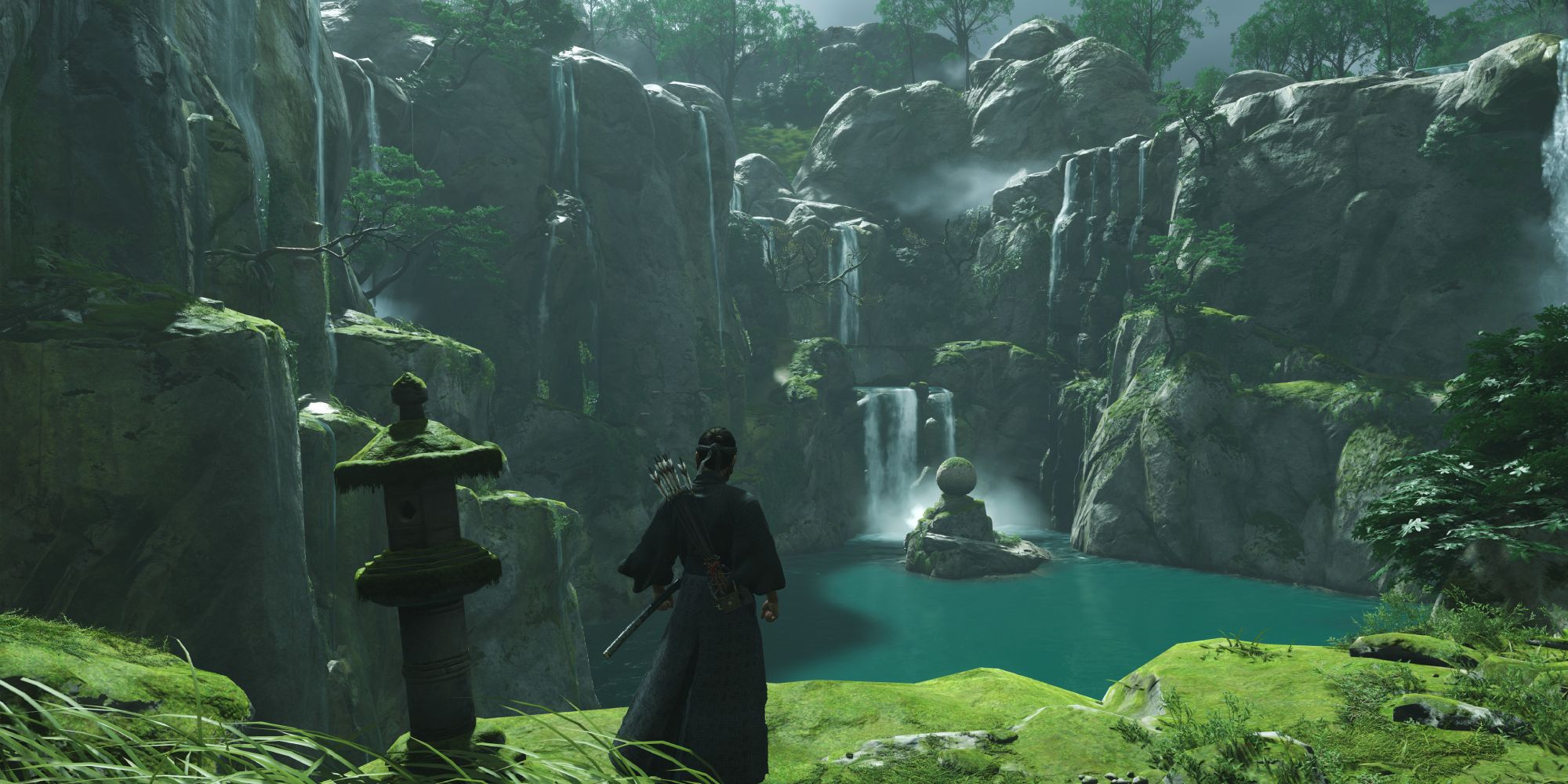 Ghost of Tsushima Jin Sakai standing at Spring Falls Shrine admiring the beautiful waterfalls.