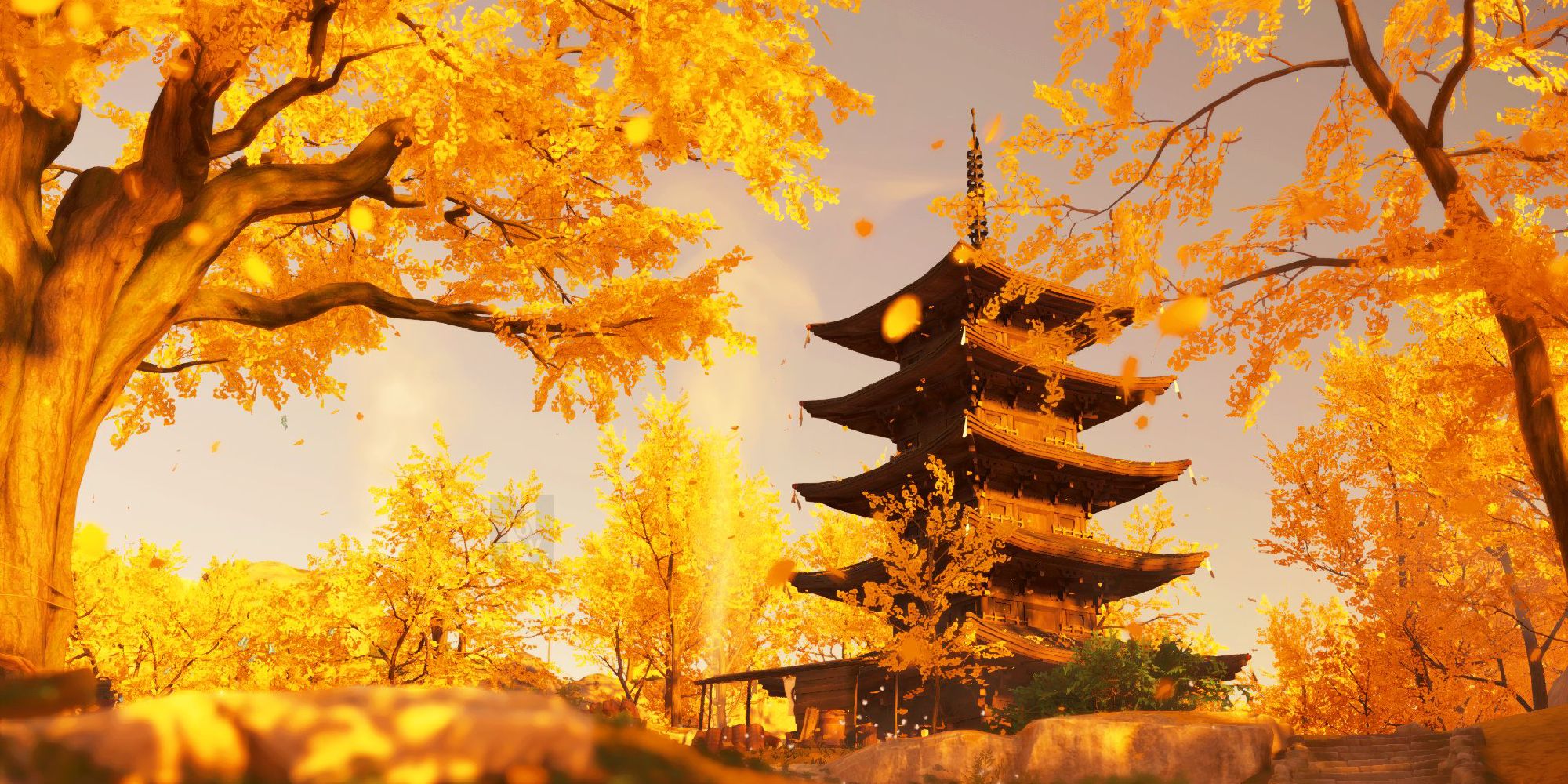 Golden Temple surrounded by yellow trees in Ghost of Tsushima