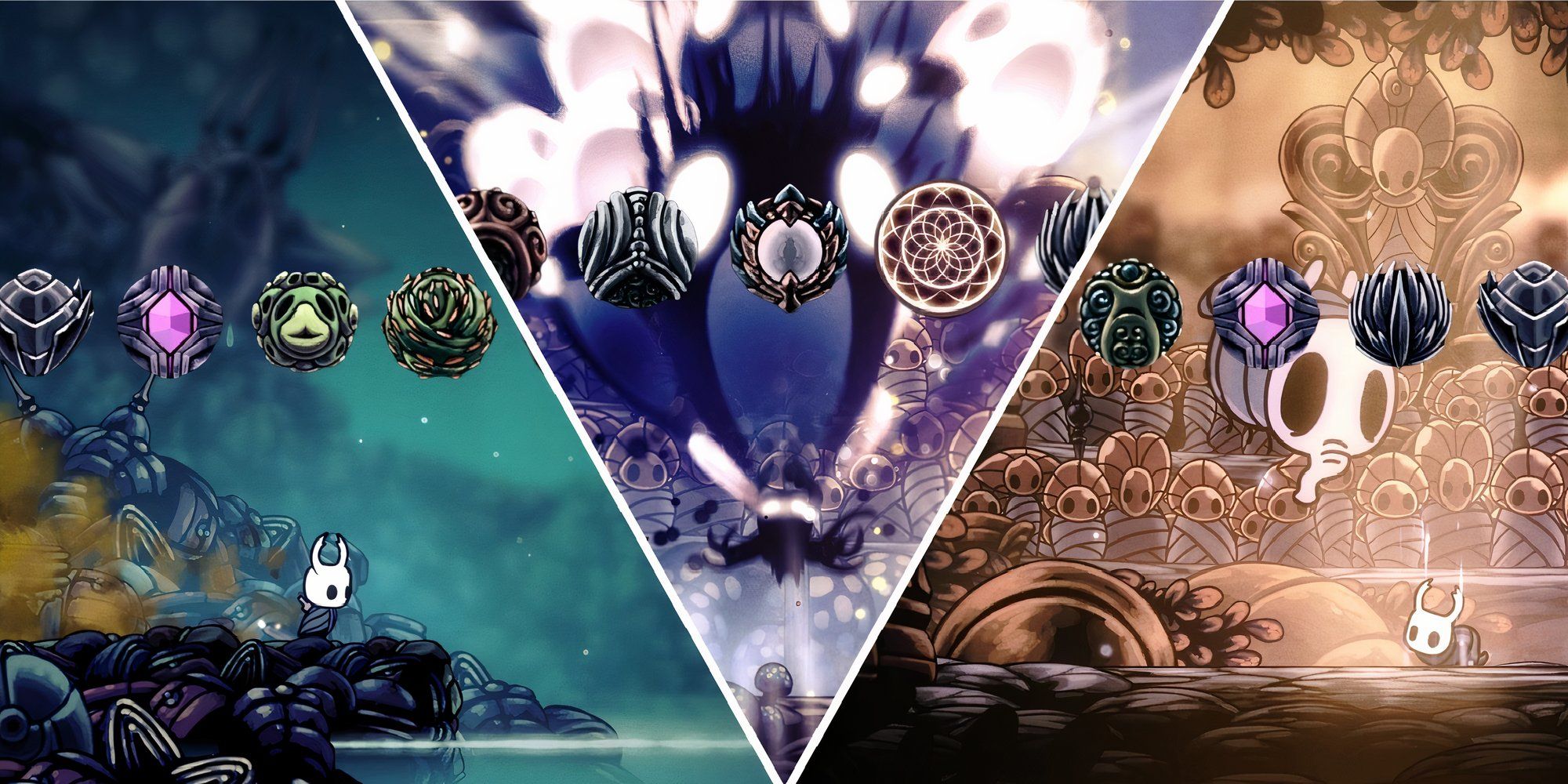 Hollow Knight split image the Knight exploring and battling bosses with images of Charms