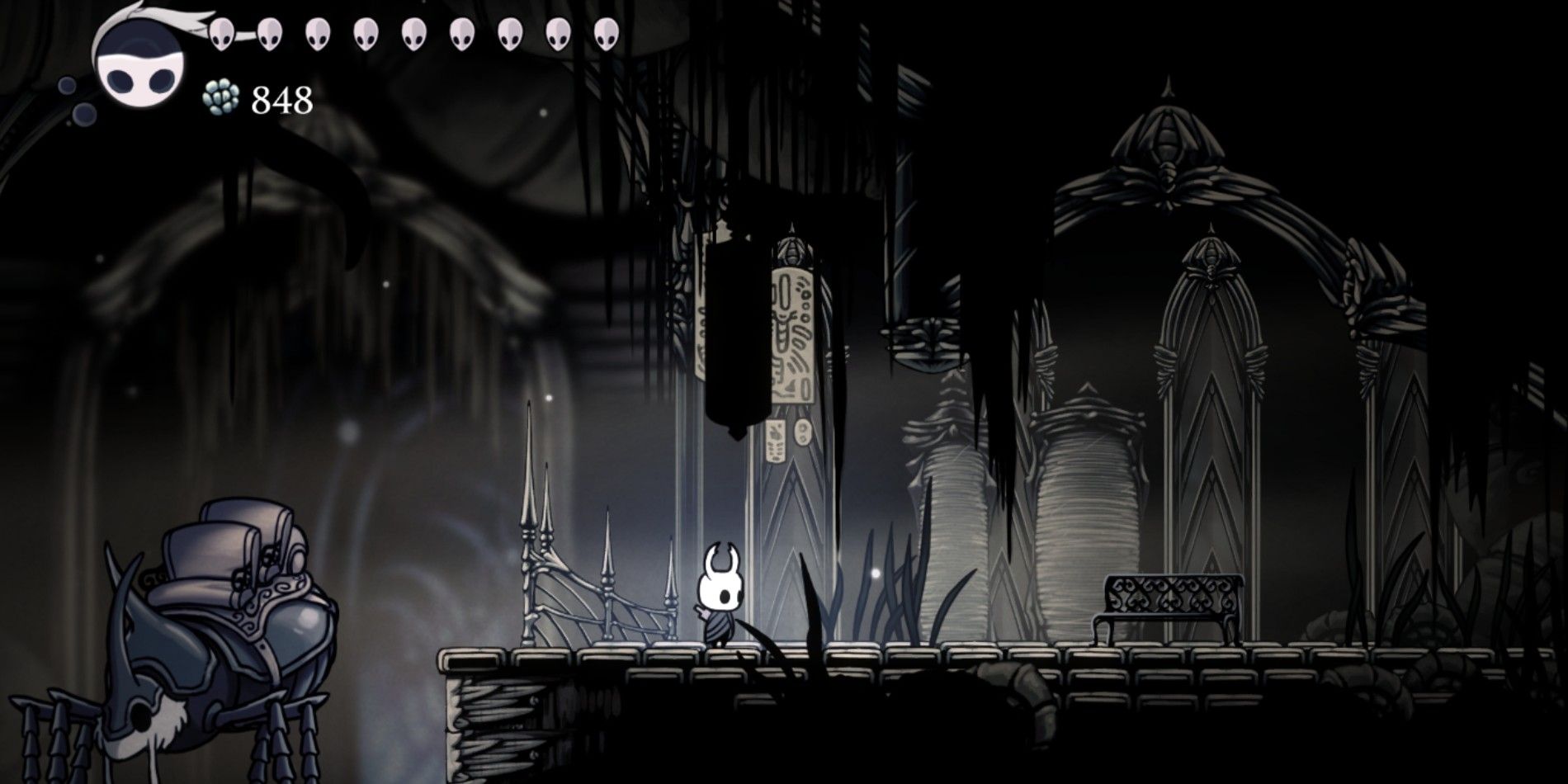 The Knight in Hollow Knight at the Hidden Stag Station