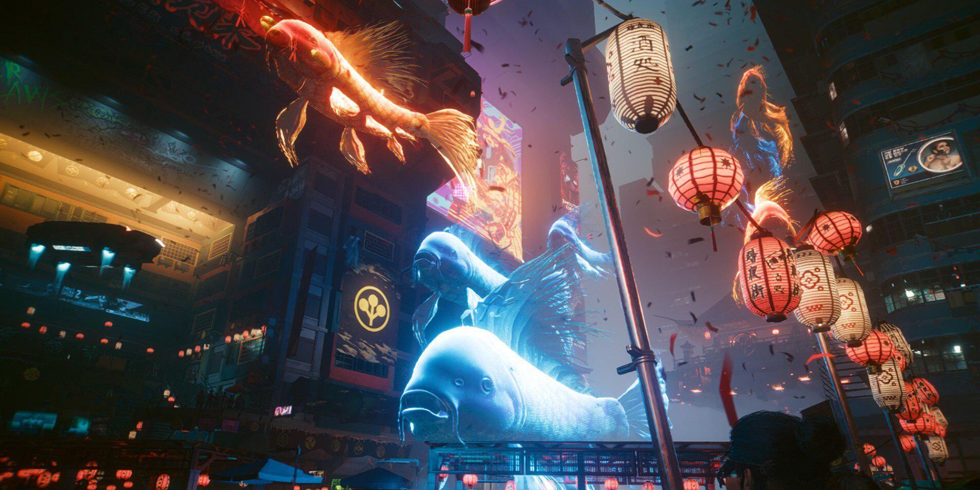 Japantown during the Arasaka parade in Cyberpunk 2077