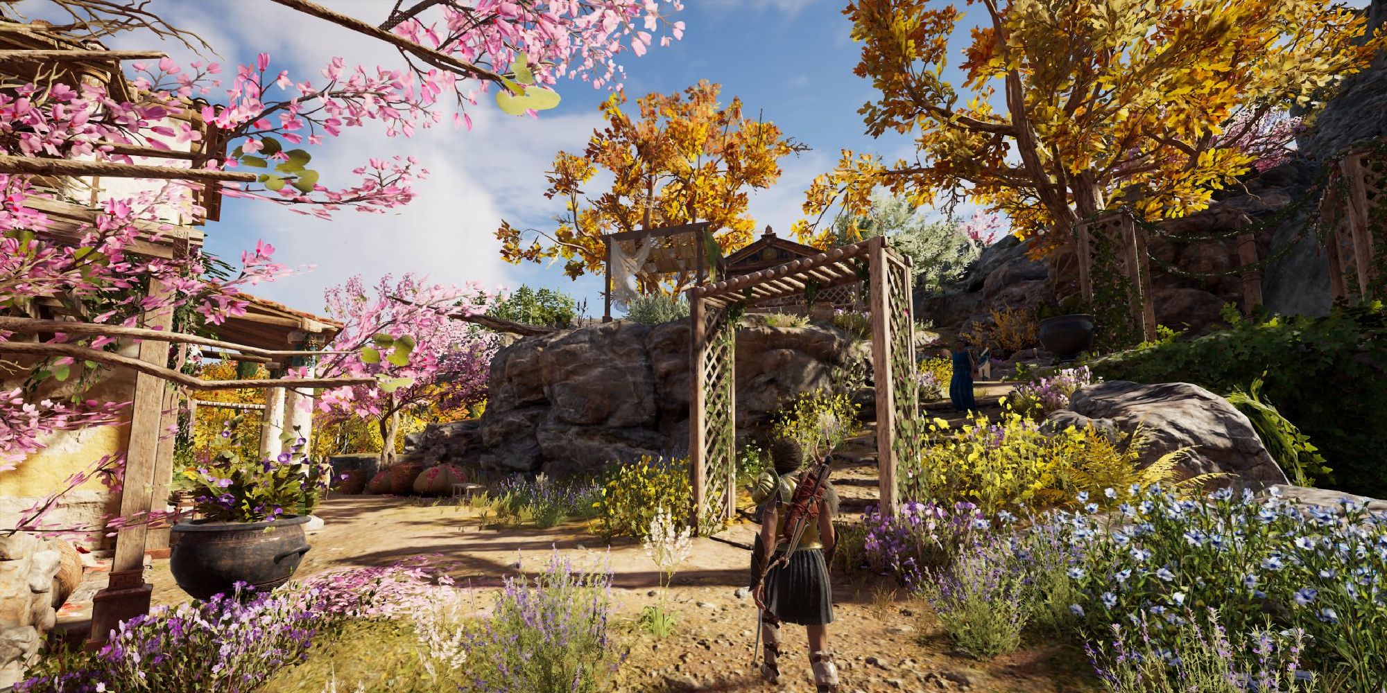 Kassandra walking into Lalaia, Greece Assassin's Creed Odyssey