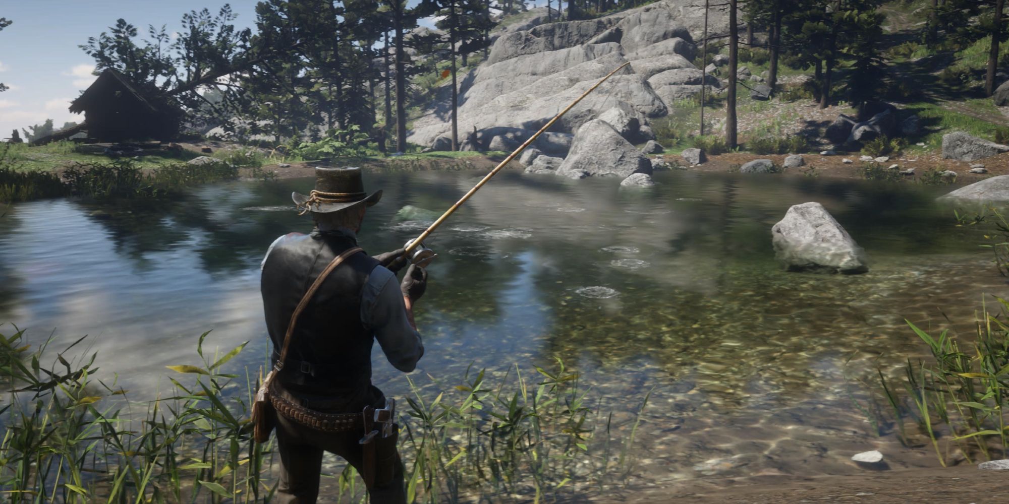 Red Dead Redemption 2 Arthur Morgan fishing at Moonstone Pond. 