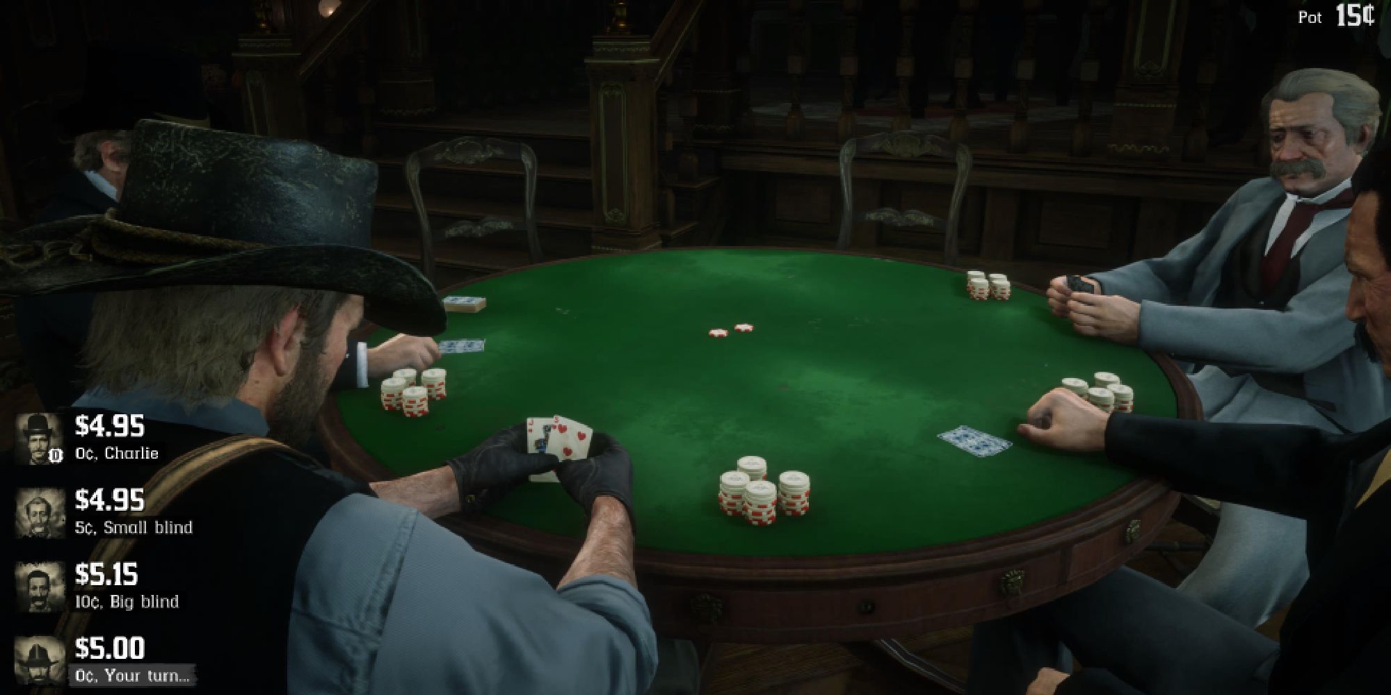 Red Dead Redemption 2 Arthur Morgan plays poker with three other men in a saloon in Saint Denis. 