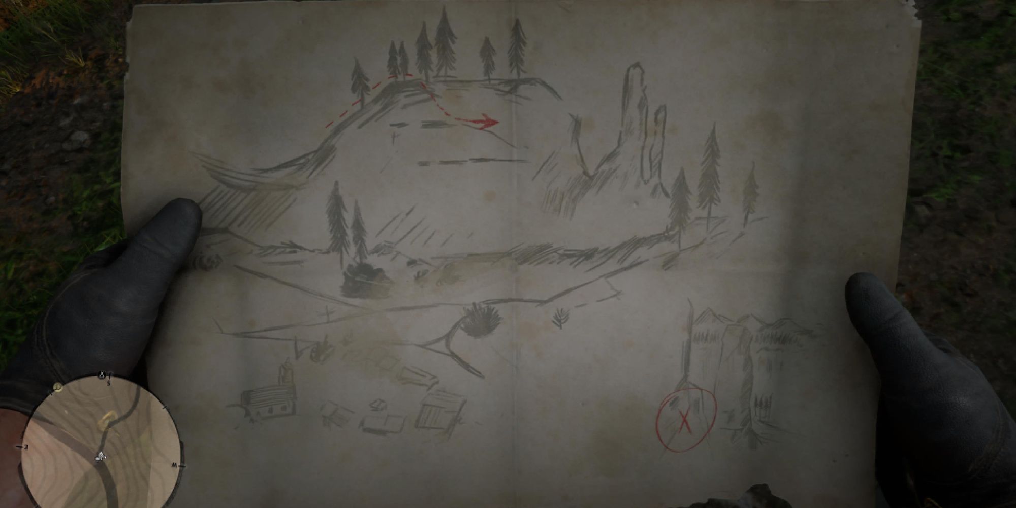 Red Dead Redemption 2 holding a treasure map with vague coordinates.