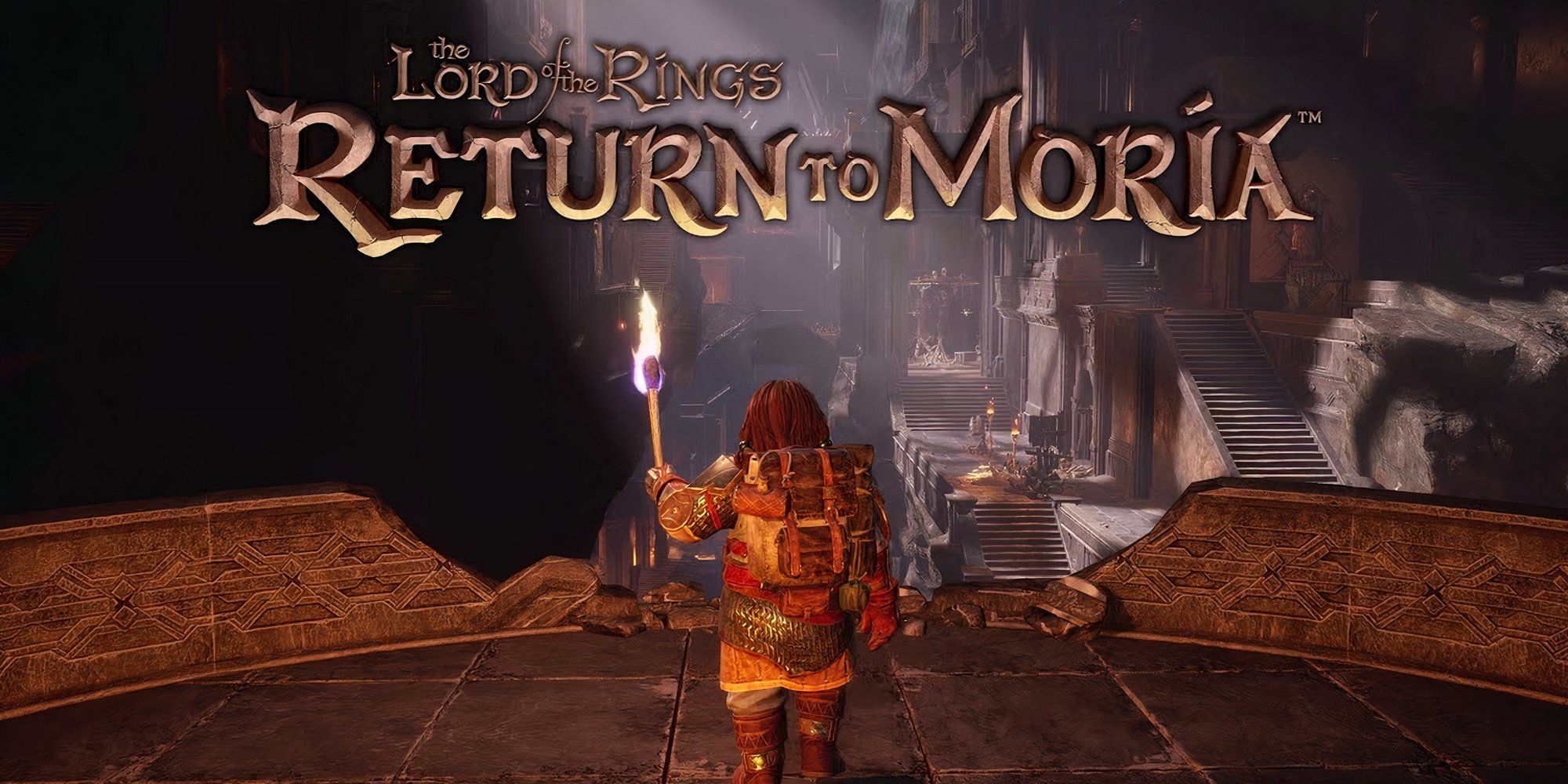 A character holding a torch walking through caves in Lord of the Rings: Return to Moria