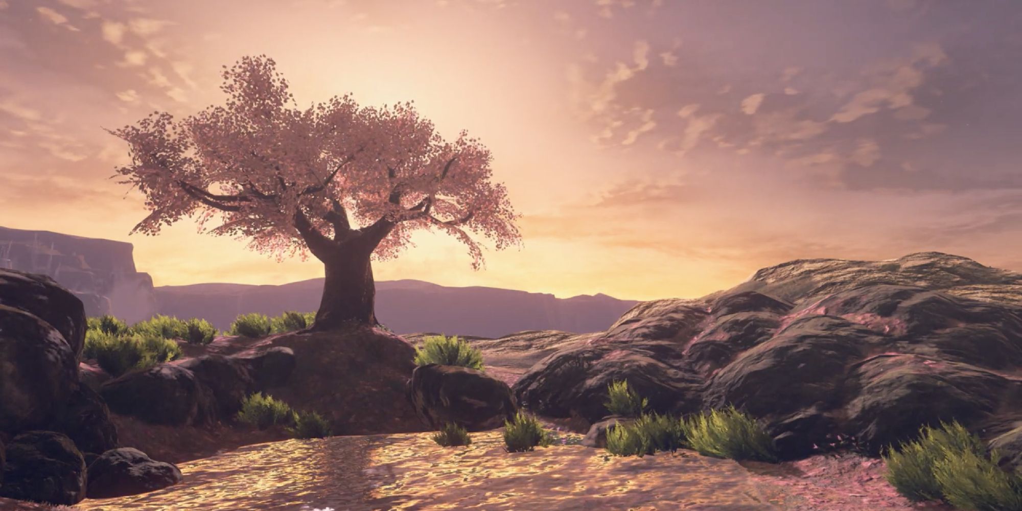 Satori Mountain with a cherry blossom tree on a lake at sunset The Legend of Zelda: Breath of the Wild