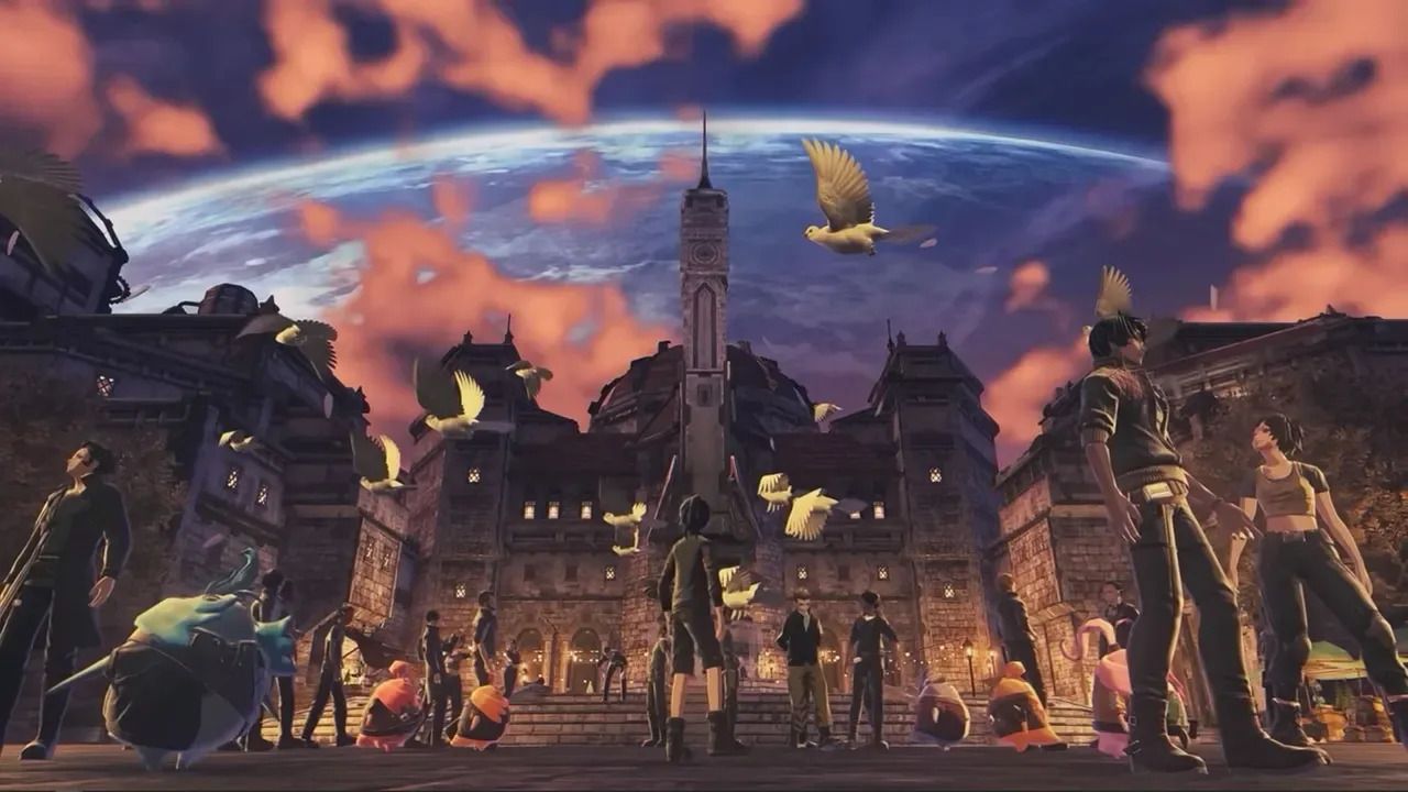 Characters from Xenoblade Chronicles 3 gather around a large city.