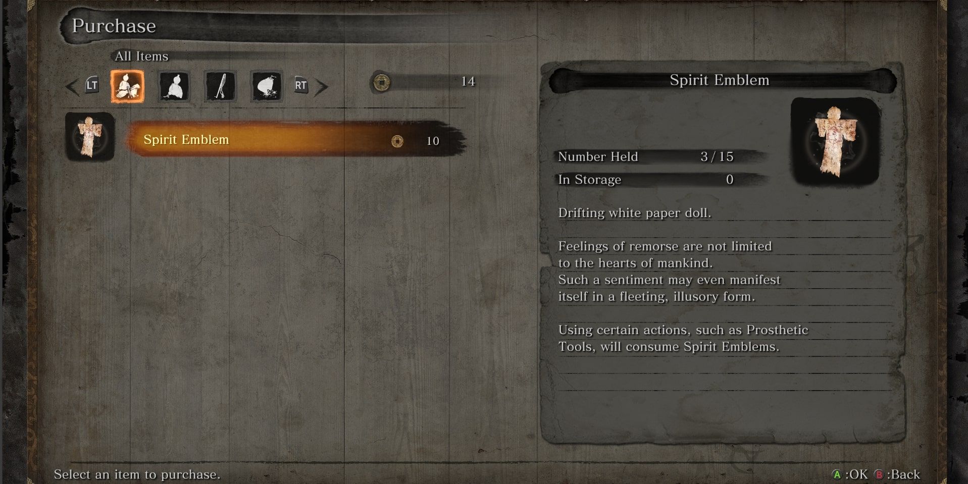 Screenshot of the shop in Sekiro