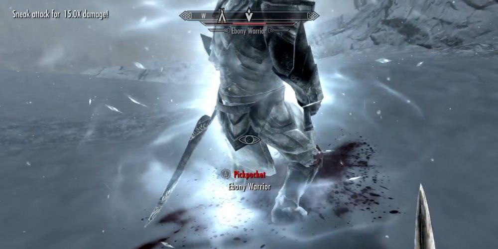 Backstabbing the Ebony Warrior in Skyrim.