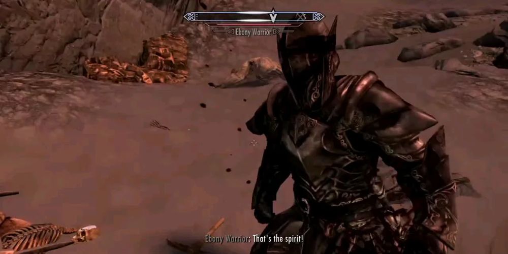 The Ebony Warrior confronts the Dragonborn in Skyrim.