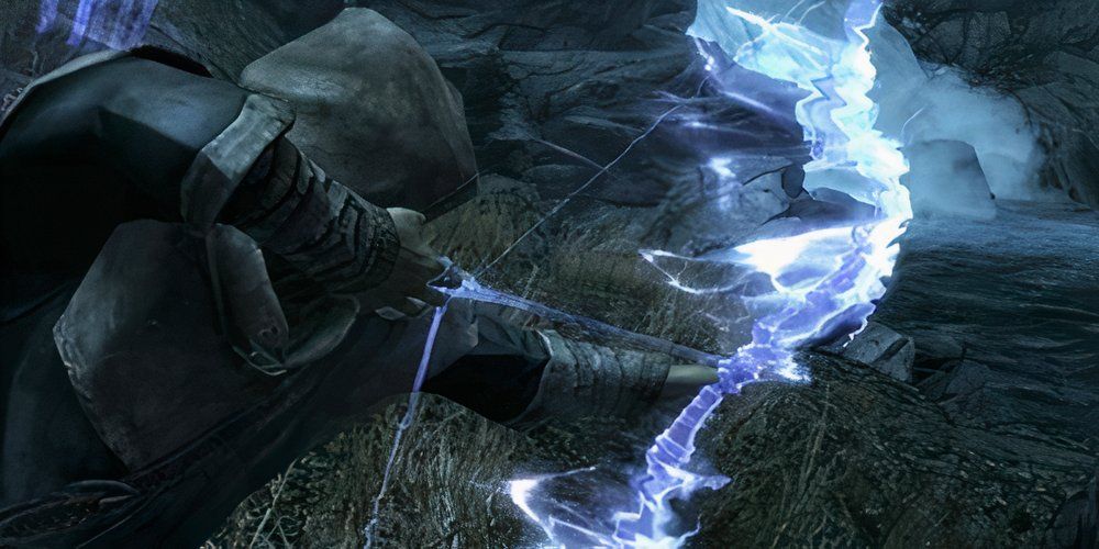 The Dragonborn shooting a Bound Bow in Skyrim.