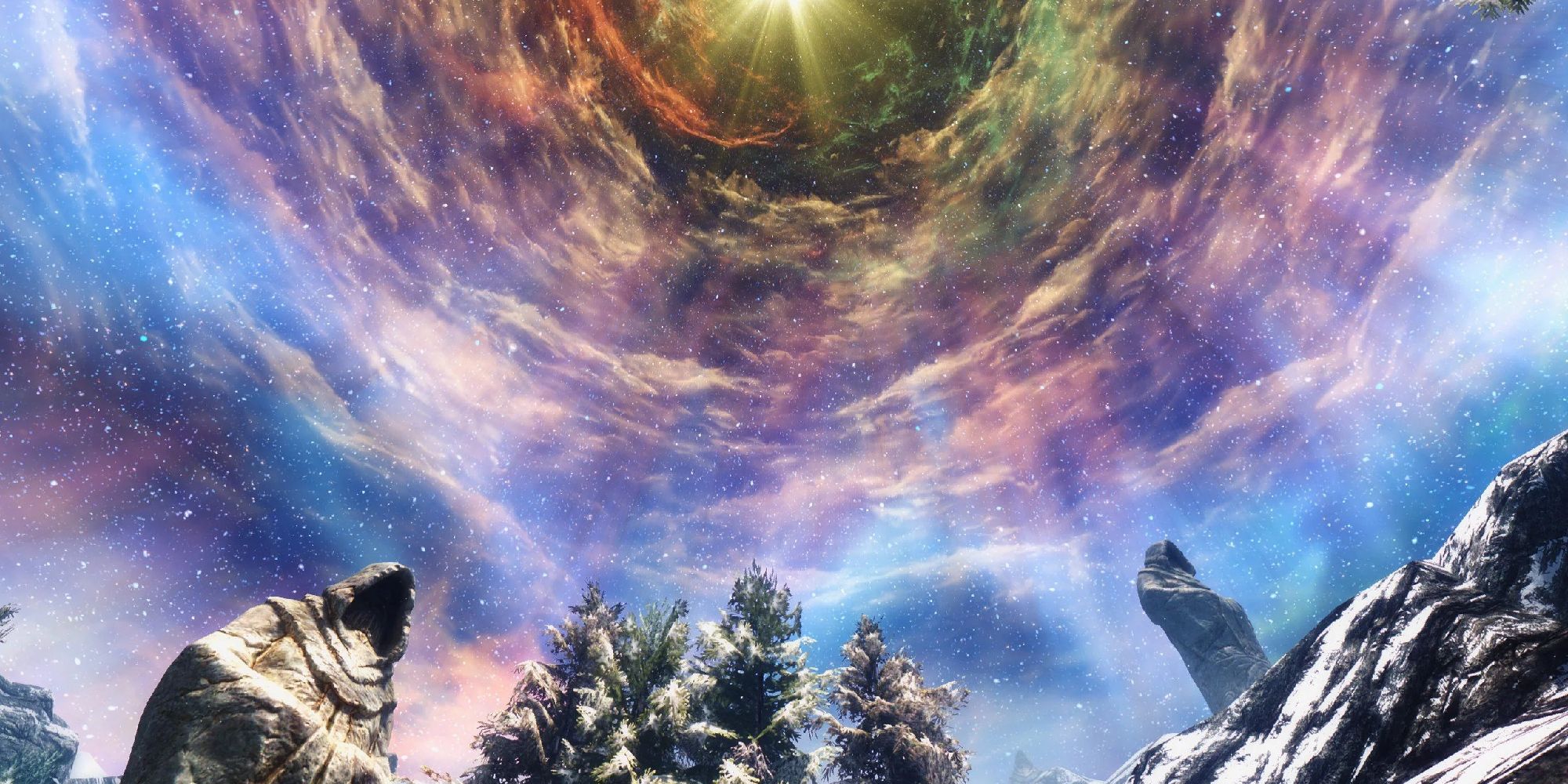 A gorgeous sky view from Sovngarde in The Elder Scrolls V: Skyrim