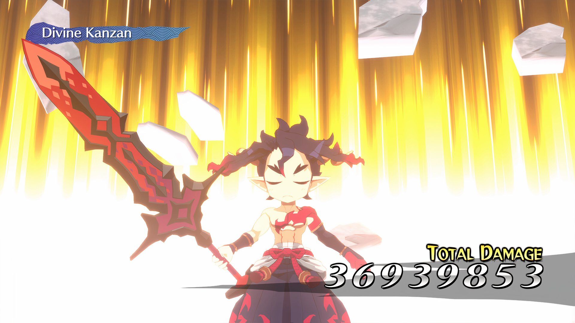 Disgaea 7 character powering up during battle. 