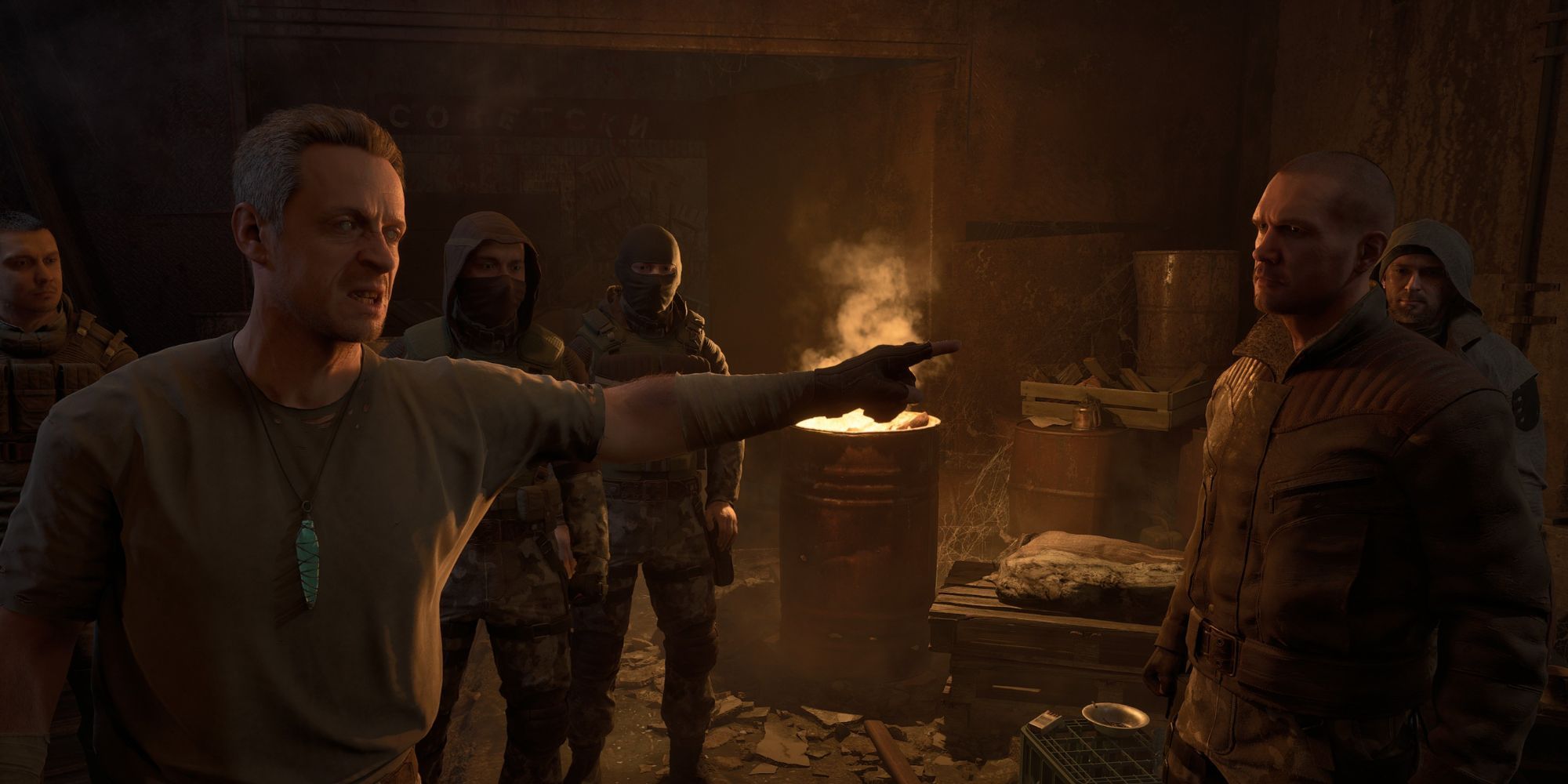 An promotion image of two characters interacting with each other in Stalker 2.