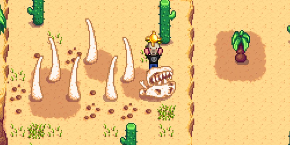 Feeding the sand dragon in Calico Desert a Solar Essence in Stardew Valley.