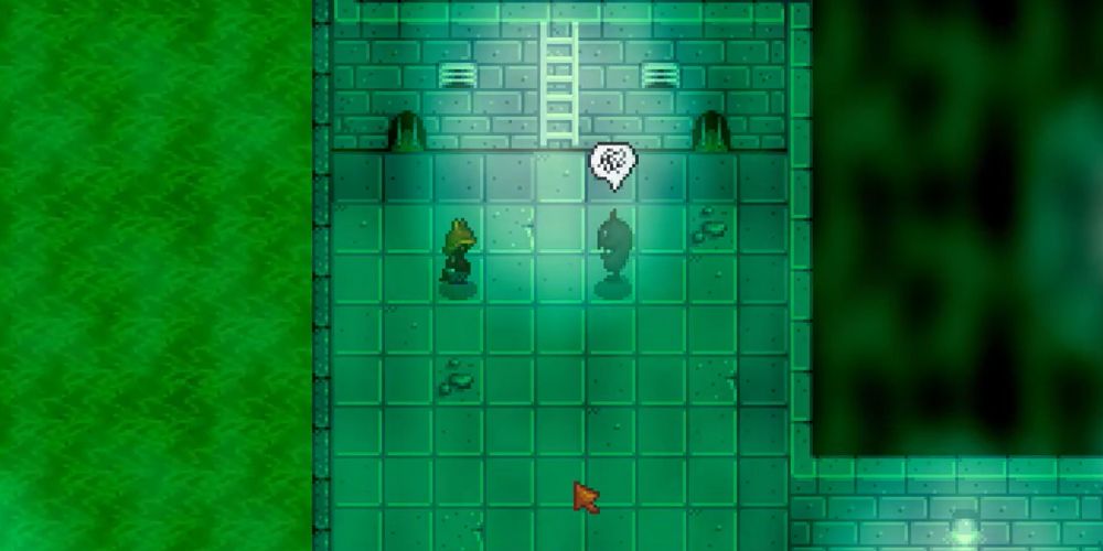 Confrontation between Krobus and the Dwarf in the Sewers in Stardew Valley.